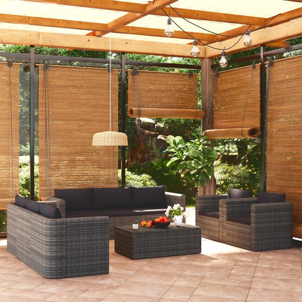 vidaXL 9 Piece Patio Lounge Set with Cushions Poly Rattan Gray, 3059491. Picture 1