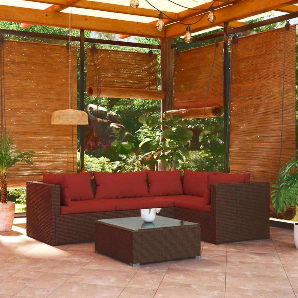 vidaXL 5 Piece Patio Lounge Set with Cushions Poly Rattan Brown, 3101683. Picture 1
