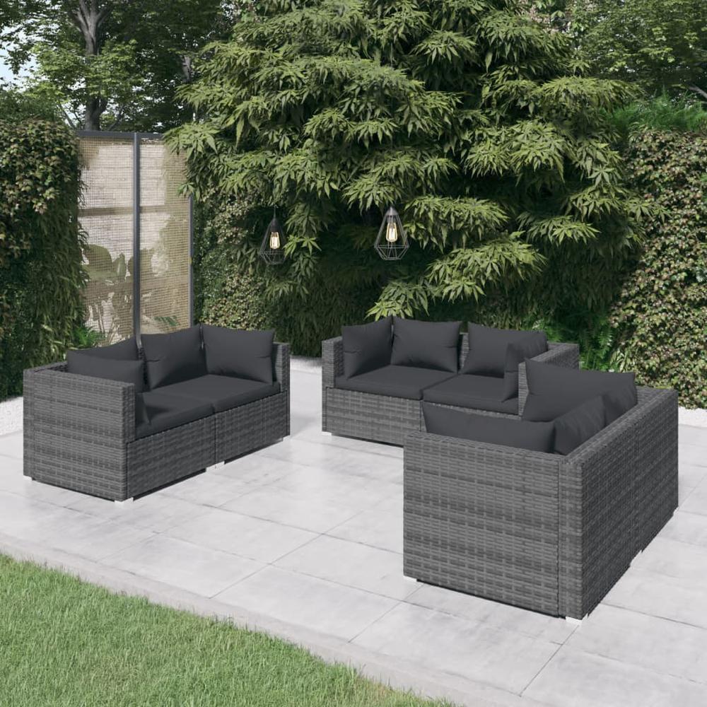 vidaXL 6 Piece Patio Lounge Set with Cushions Poly Rattan Gray, 3102301. Picture 1