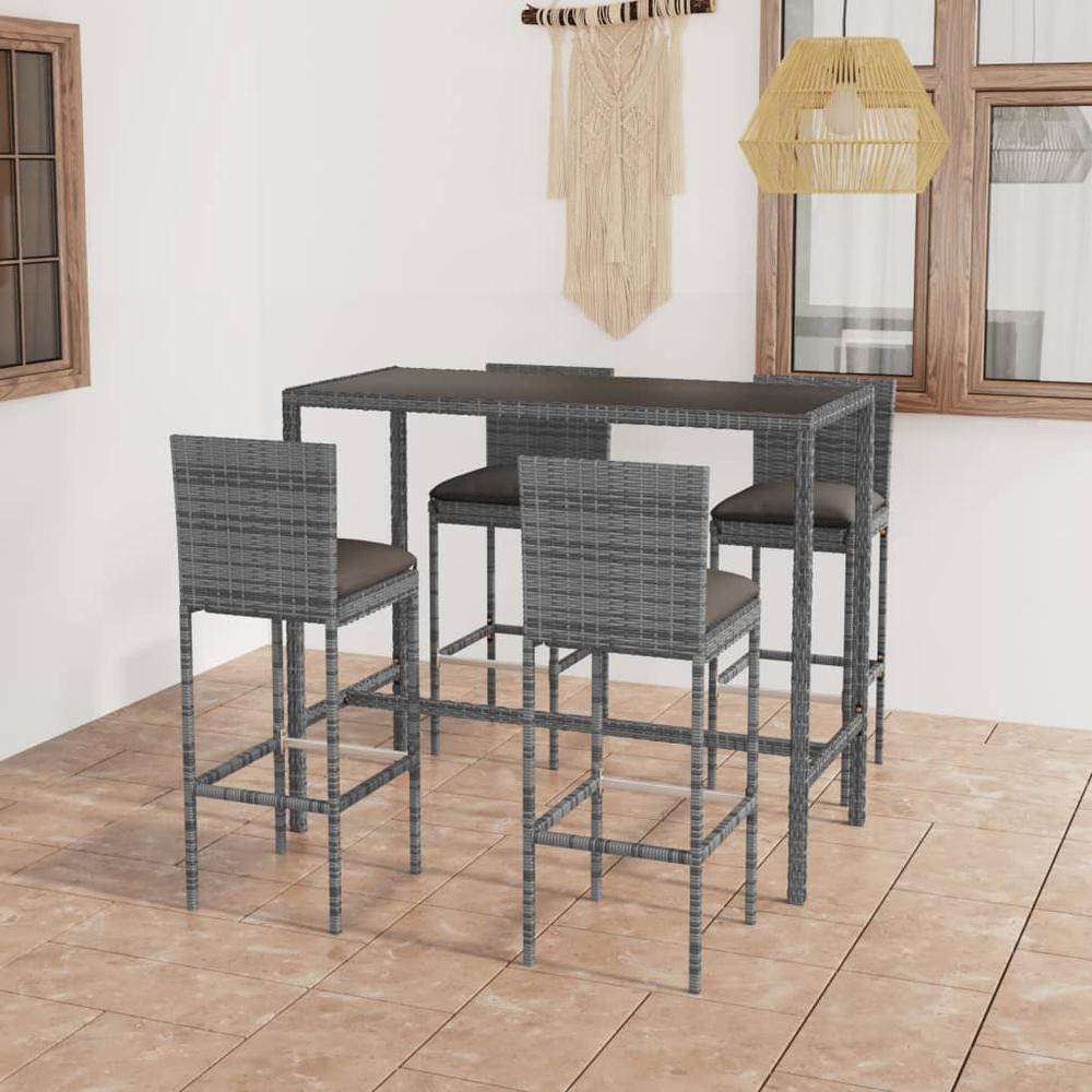 vidaXL 5 Piece Patio Bar Set with Cushions Poly Rattan Gray, 3064833. Picture 1