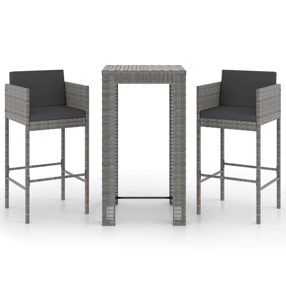 vidaXL 3 Piece Patio Bar Set with Cushions Poly Rattan Gray, 3094779. Picture 2