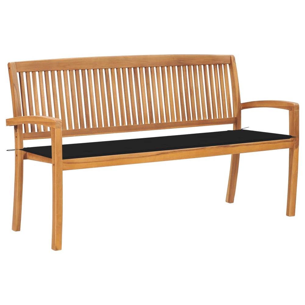 vidaXL Stacking Patio Bench with Cushion 62.6" Solid Teak Wood, 3063313. Picture 1