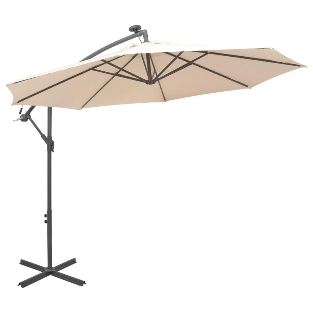 vidaXL Hanging Parasol with LED Lighting 118.1" Sand Metal Pole. Picture 2