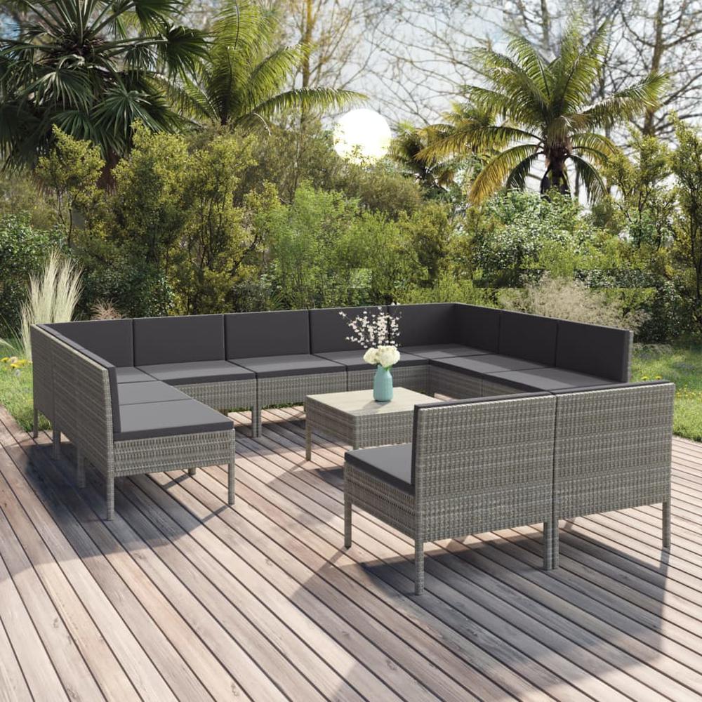 vidaXL 12 Piece Patio Lounge Set with Cushions Poly Rattan Gray, 3094610. Picture 1