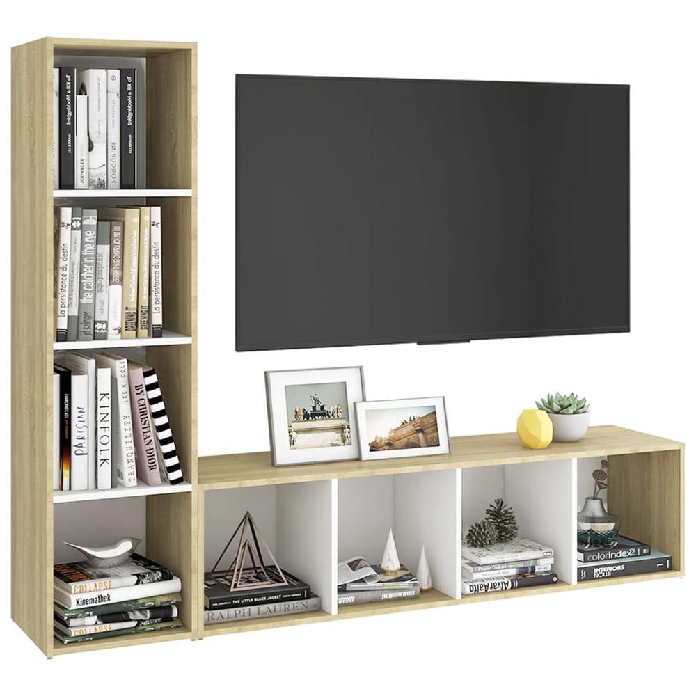 vidaXL TV Cabinets 2pcs White & Sonoma Oak 56.1"x13.8"x14.4" Engineered Wood. Picture 3