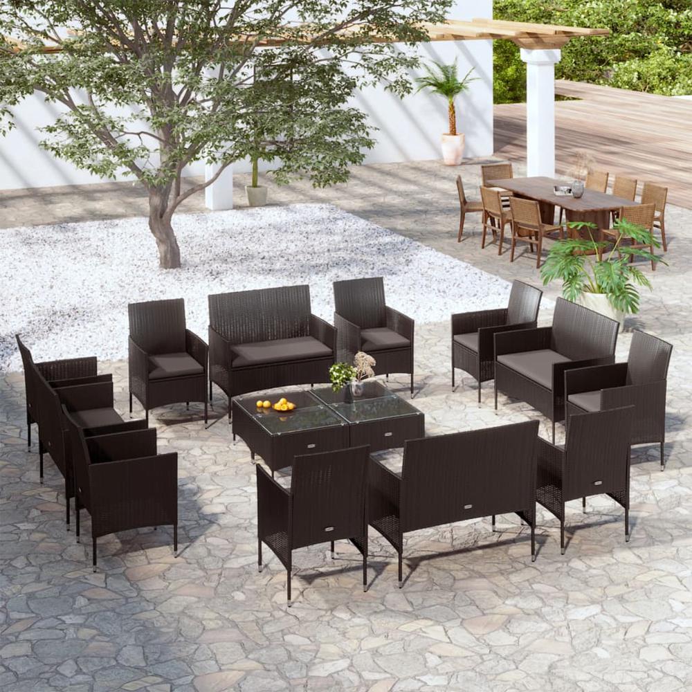 vidaXL 16 Piece Patio Lounge Set with Cushions Poly Rattan Black, 3095954. Picture 1