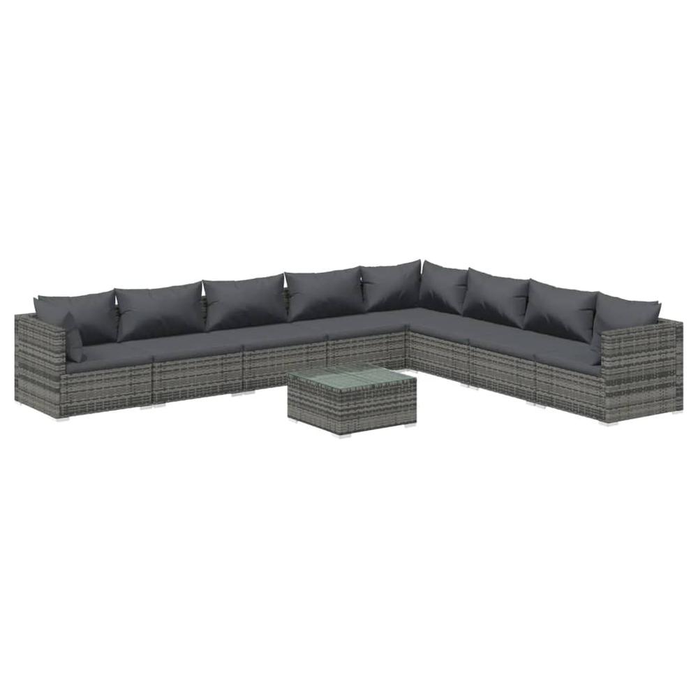 vidaXL 9 Piece Patio Lounge Set with Cushions Poly Rattan Gray, 3101781. Picture 2