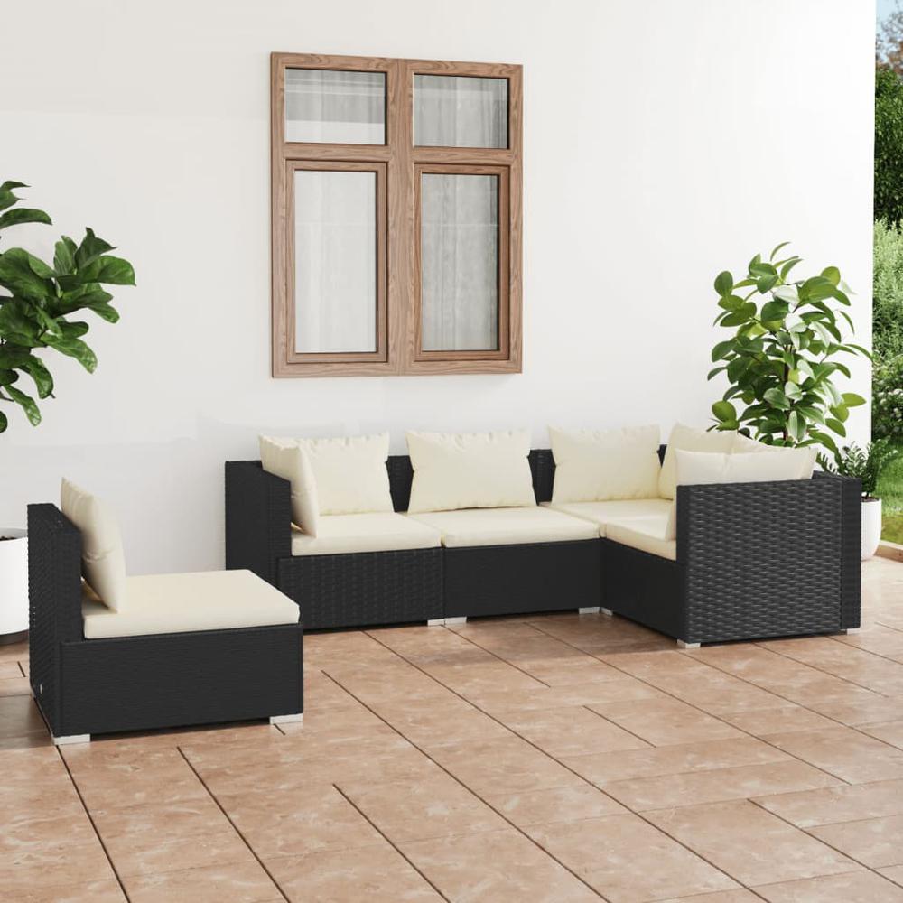 vidaXL 5 Piece Patio Lounge Set with Cushions Poly Rattan Black, 3102311. Picture 1