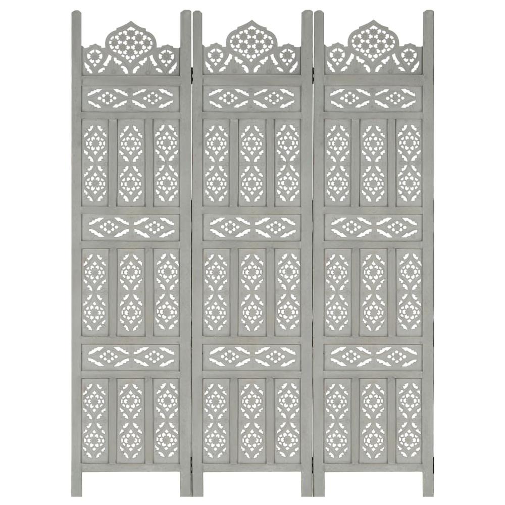 vidaXL Hand carved 3-Panel Room Divider Gray 47.2"x65" Solid Mango Wood, 285321. Picture 1