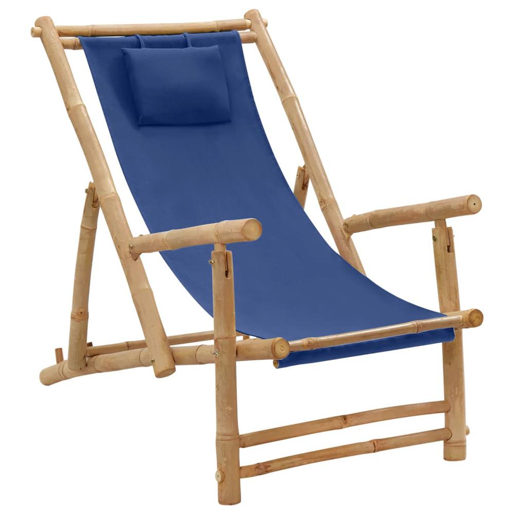 vidaXL Deck Chair Bamboo and Canvas Navy Blue, 318596. Picture 1