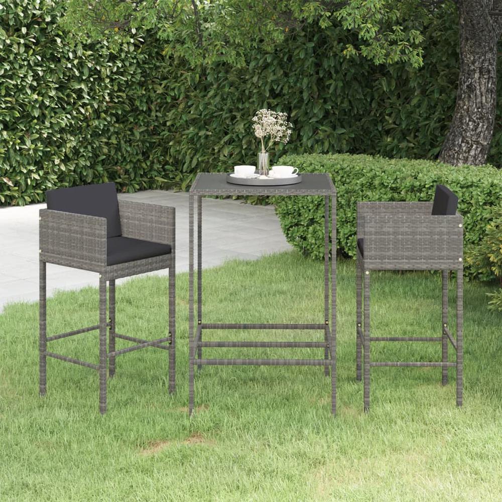 vidaXL 3 Piece Patio Bar Set with Cushions Poly Rattan Gray, 3094788. Picture 1