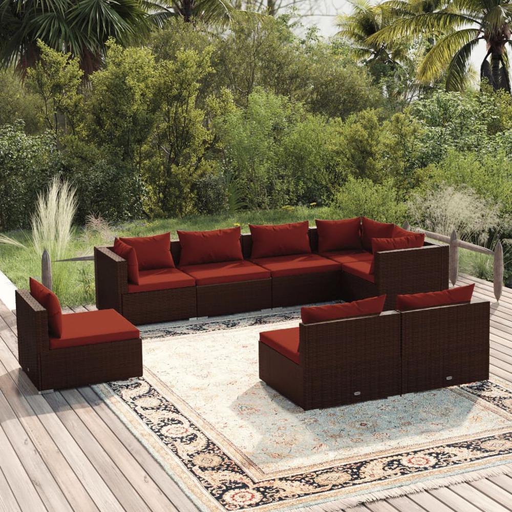 vidaXL 8 Piece Patio Lounge Set with Cushions Poly Rattan Brown, 3102547. Picture 1