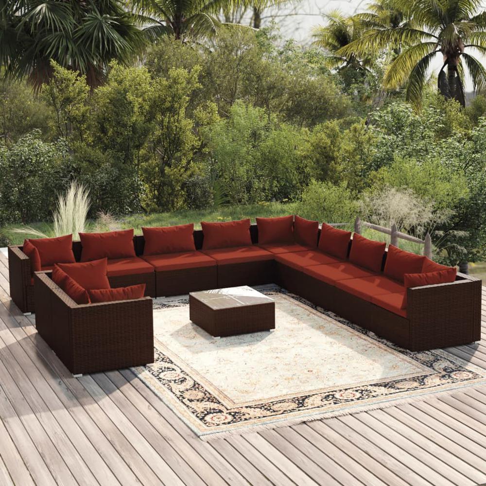 vidaXL 12 Piece Patio Lounge Set with Cushions Brown Poly Rattan, 3102539. Picture 1