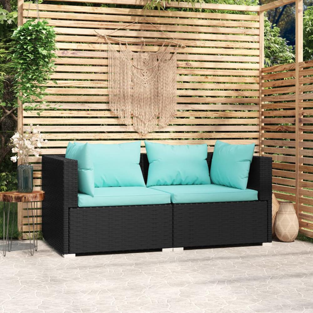 vidaXL 2-Seater Sofa with Cushions Black Poly Rattan, 317531. Picture 1