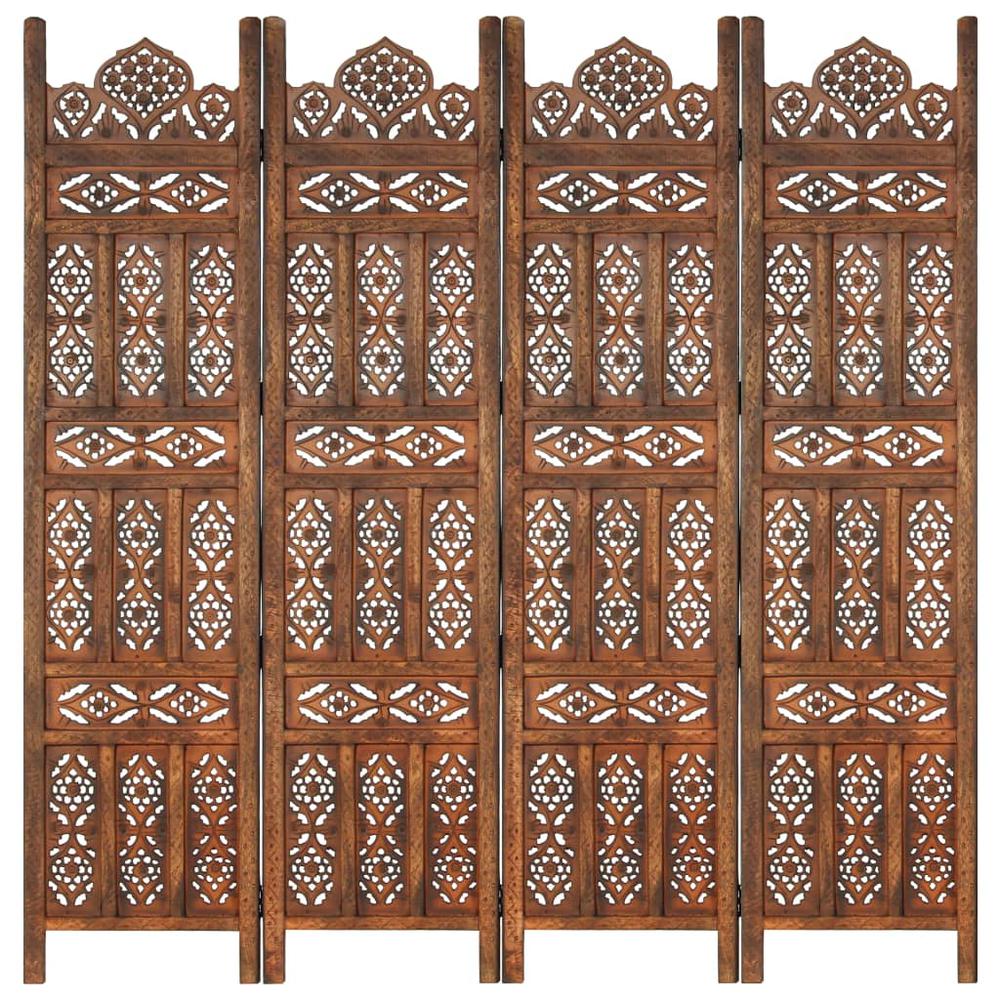 vidaXL Hand carved 4-Panel Room Divider Brown 63"x65" Solid Mango Wood, 285325. Picture 1