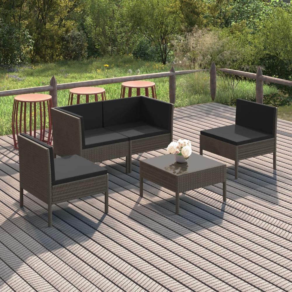 vidaXL 5 Piece Patio Lounge Set with Cushions Poly Rattan Gray, 3094342. The main picture.