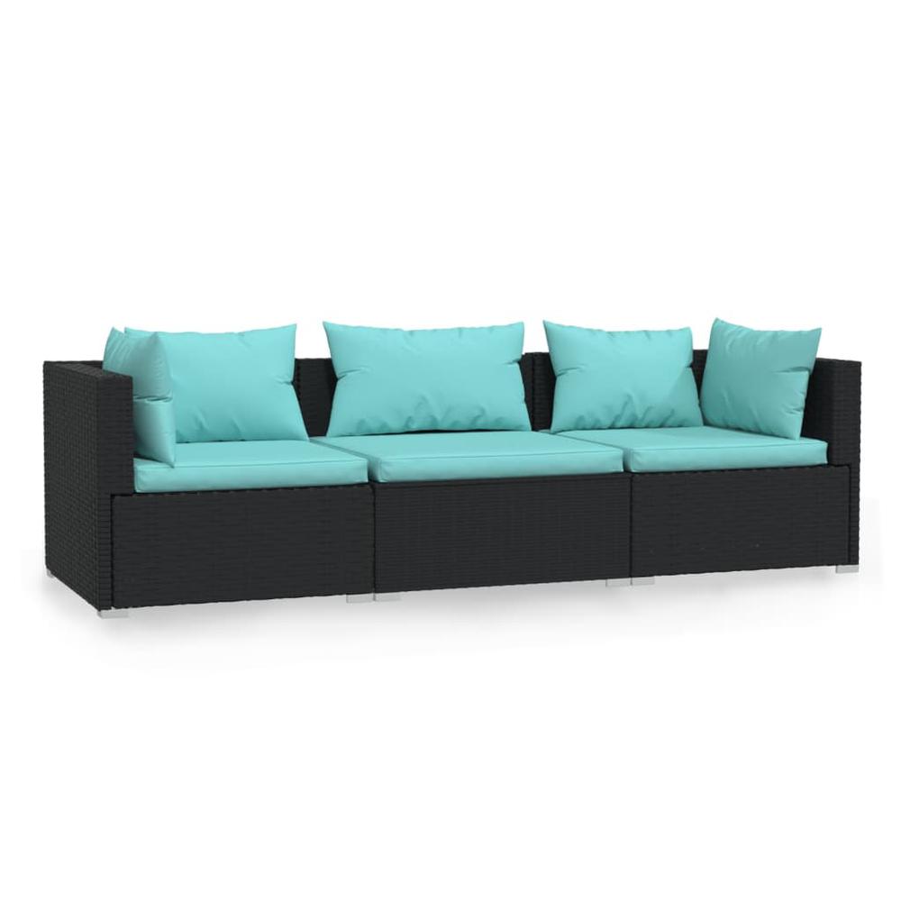 vidaXL 3-Seater Sofa with Cushions Black Poly Rattan, 317533. Picture 2