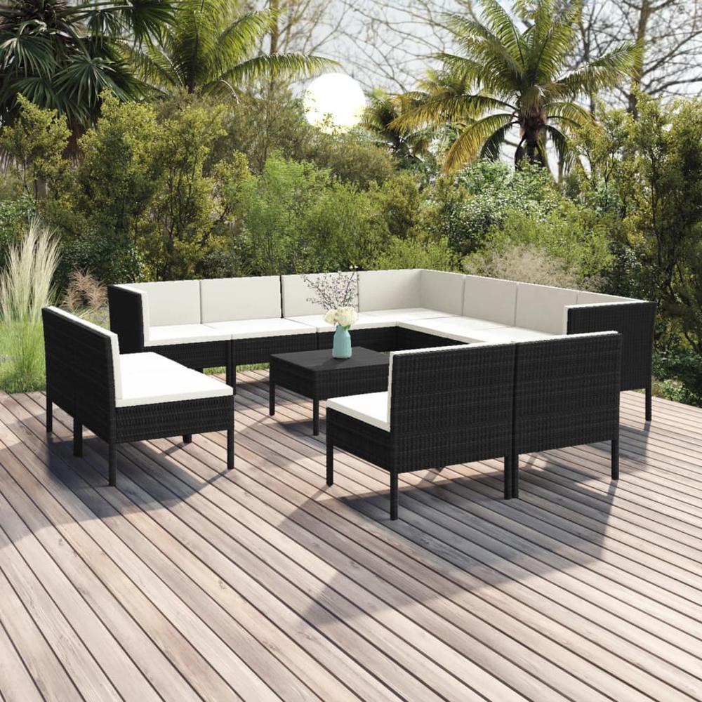 vidaXL 12 Piece Patio Lounge Set with Cushions Poly Rattan Black, 3094480. Picture 1