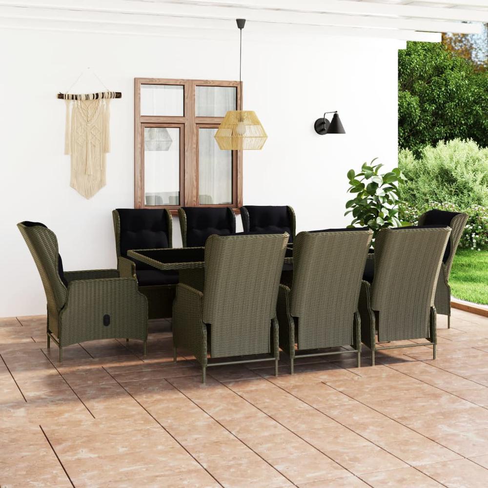 vidaXL 9 Piece Patio Dining Set with Cushions Poly Rattan Brown, 3060146. Picture 1