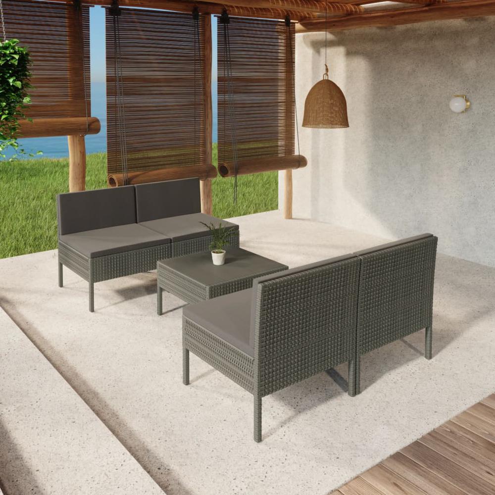 vidaXL 5 Piece Patio Lounge Set with Cushions Poly Rattan Gray, 3094310. Picture 1