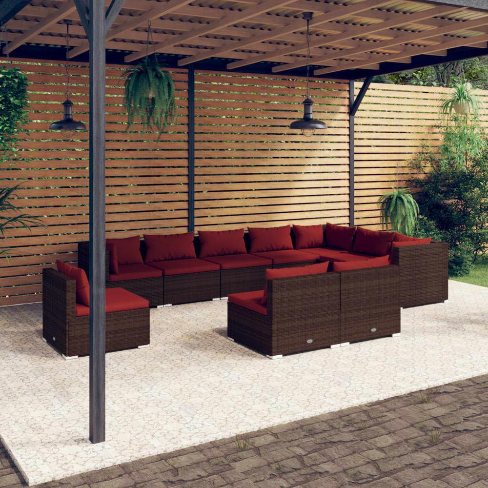 vidaXL 10 Piece Patio Lounge Set with Cushions Poly Rattan Brown, 3102595. Picture 1