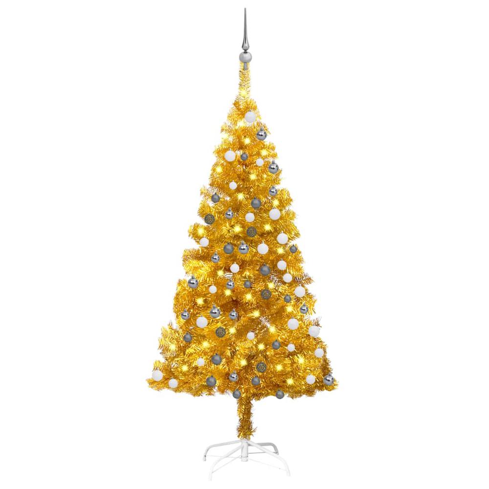 vidaXL Artificial Christmas Tree with LEDs&Ball Set Gold 59.1" PET, 3077690. Picture 1