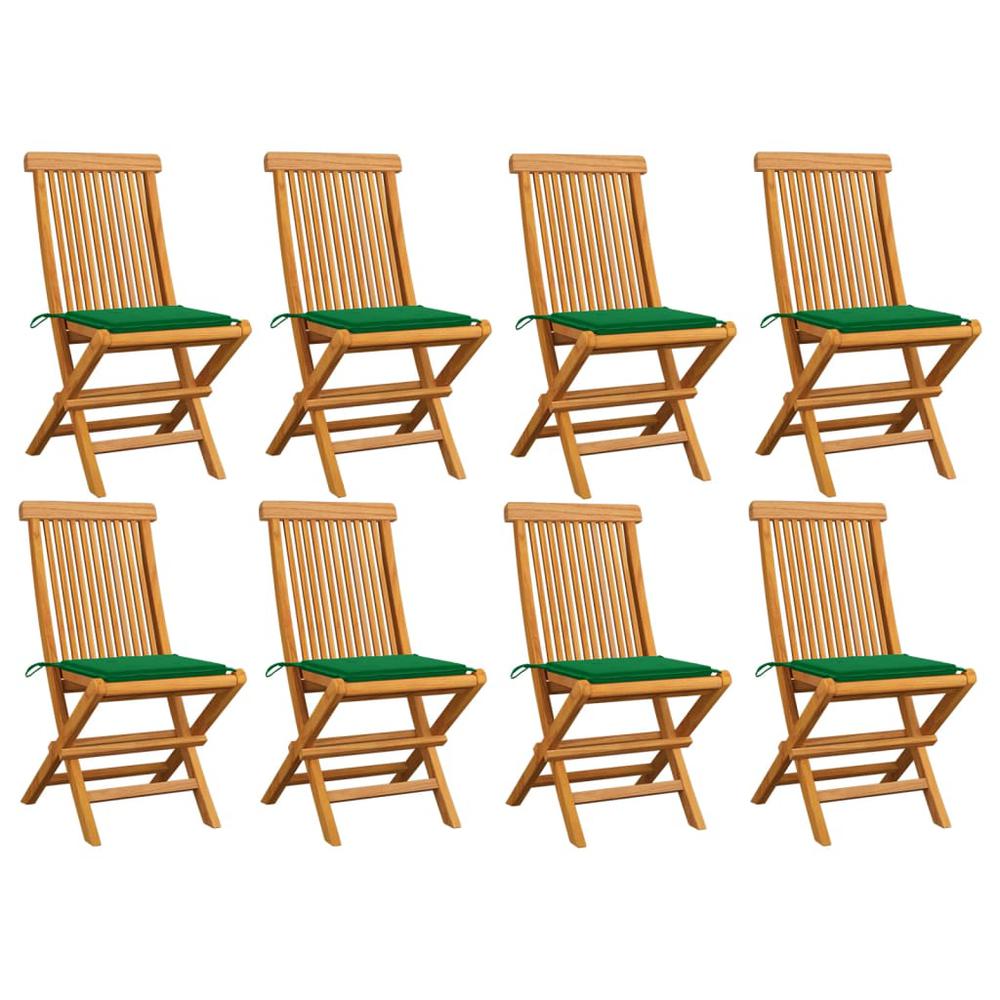 vidaXL Patio Chairs with Green Cushions 8 pcs Solid Teak Wood. Picture 1