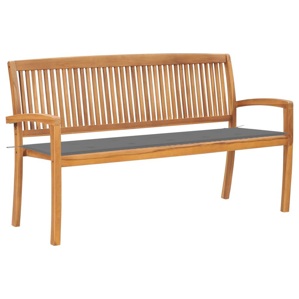 vidaXL Stacking Patio Bench with Cushion 62.6" Solid Teak Wood, 3063307. Picture 1