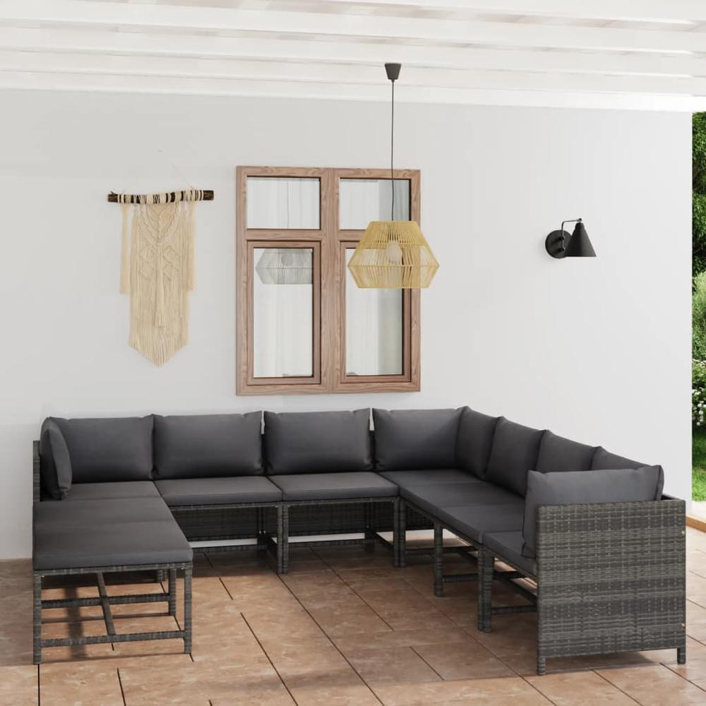 vidaXL 9 Piece Patio Lounge Set with Cushions Poly Rattan Gray, 3059773. The main picture.