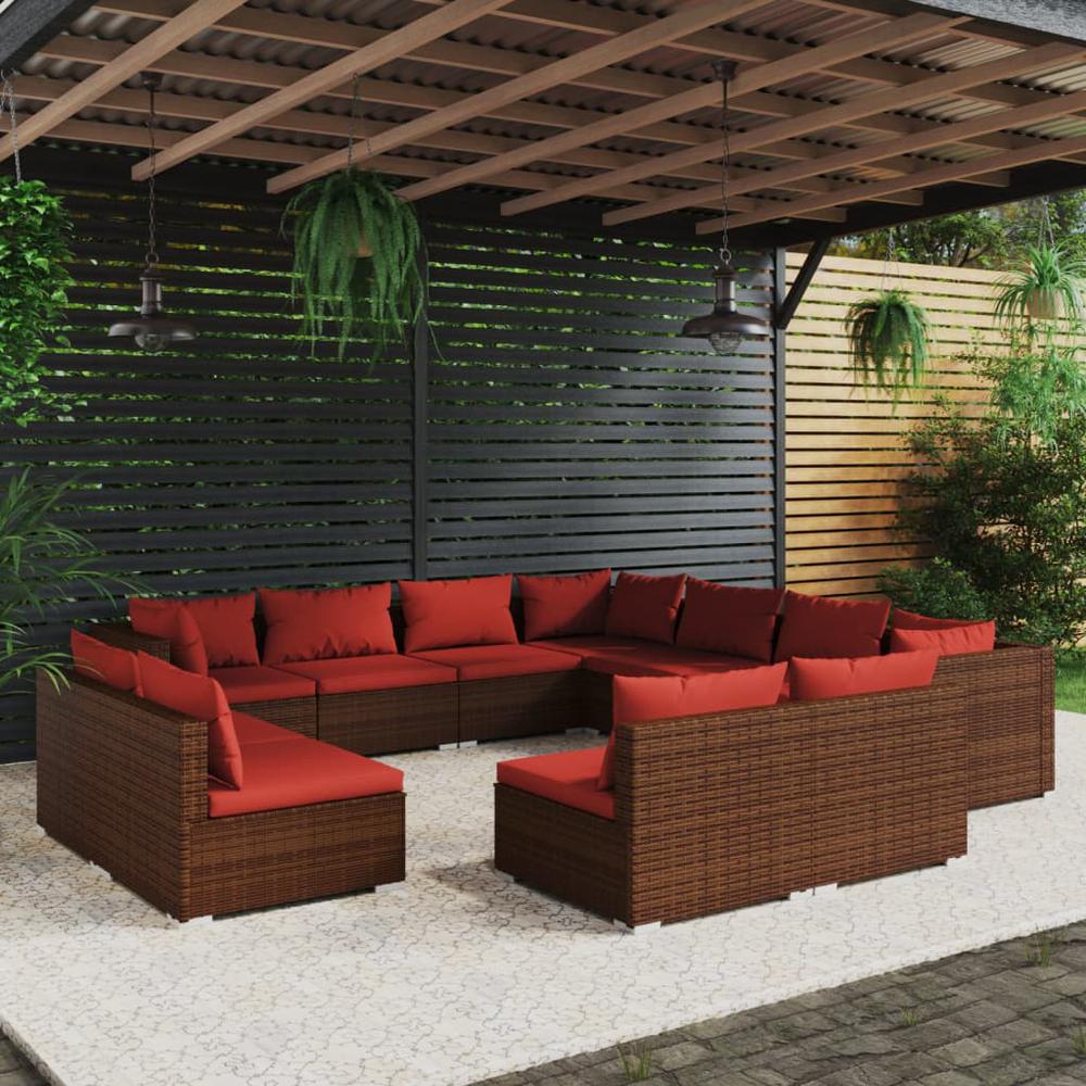 vidaXL 11 Piece Patio Lounge Set with Cushions Brown Poly Rattan, 3102827. Picture 1