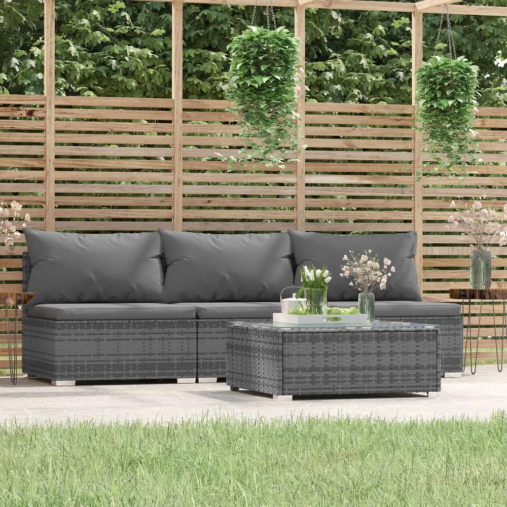 vidaXL 4 Piece Patio Lounge Set with Cushions Gray Poly Rattan, 317518. Picture 1