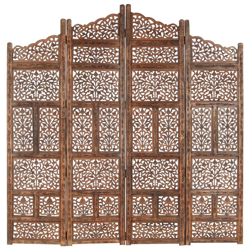 vidaXL Hand carved 4-Panel Room Divider Brown 63"x65" Solid Mango Wood, 285329. Picture 1
