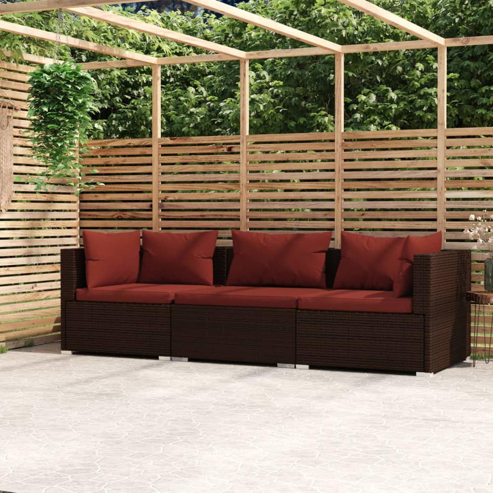 vidaXL 3-Seater Sofa with Cushions Brown Poly Rattan, 317544. The main picture.
