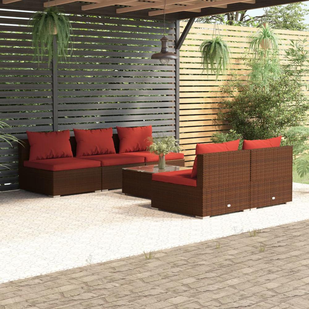 vidaXL 6 Piece Patio Lounge Set with Cushions Poly Rattan Brown, 3101451. Picture 1