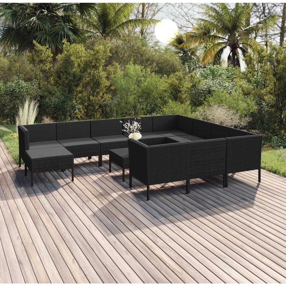 vidaXL 12 Piece Patio Lounge Set with Cushions Poly Rattan Black, 3094513. Picture 1