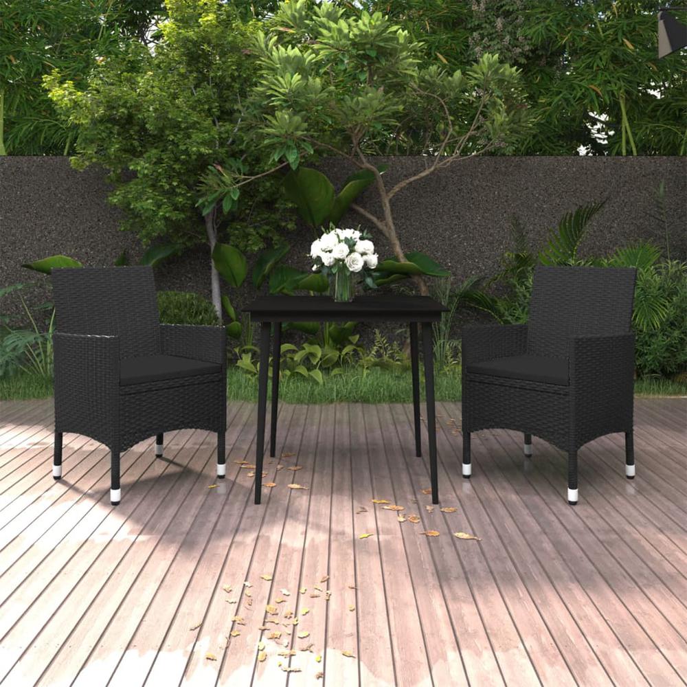 vidaXL 3 Piece Patio Dining Set with Cushions Poly Rattan and Glass, 3099733. Picture 1