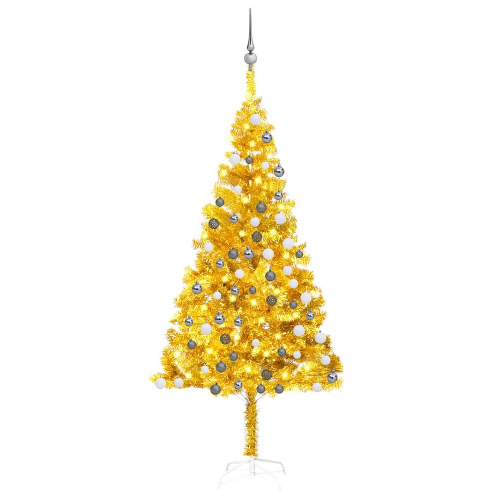 vidaXL Artificial Christmas Tree with LEDs&Ball Set Gold 70.9" PET, 3077691. Picture 1