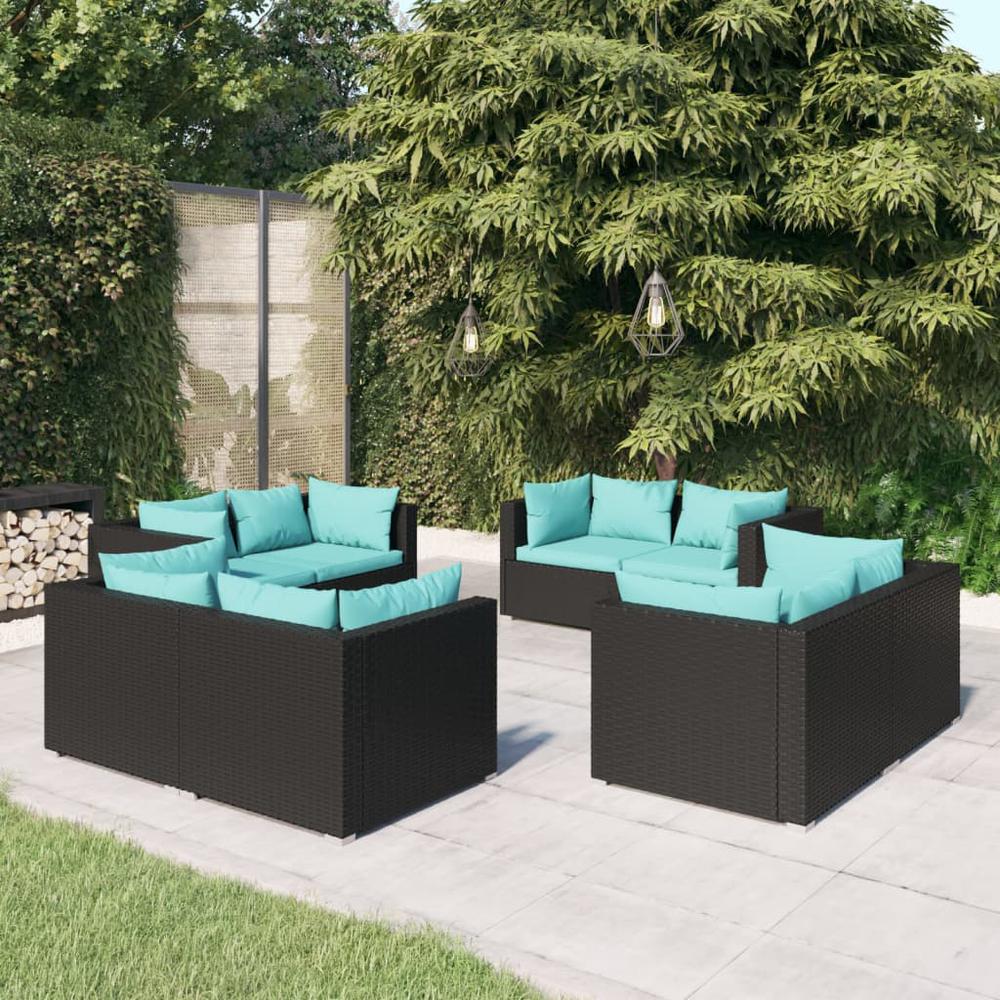 vidaXL 8 Piece Patio Lounge Set with Cushions Poly Rattan Black, 3101553. Picture 1