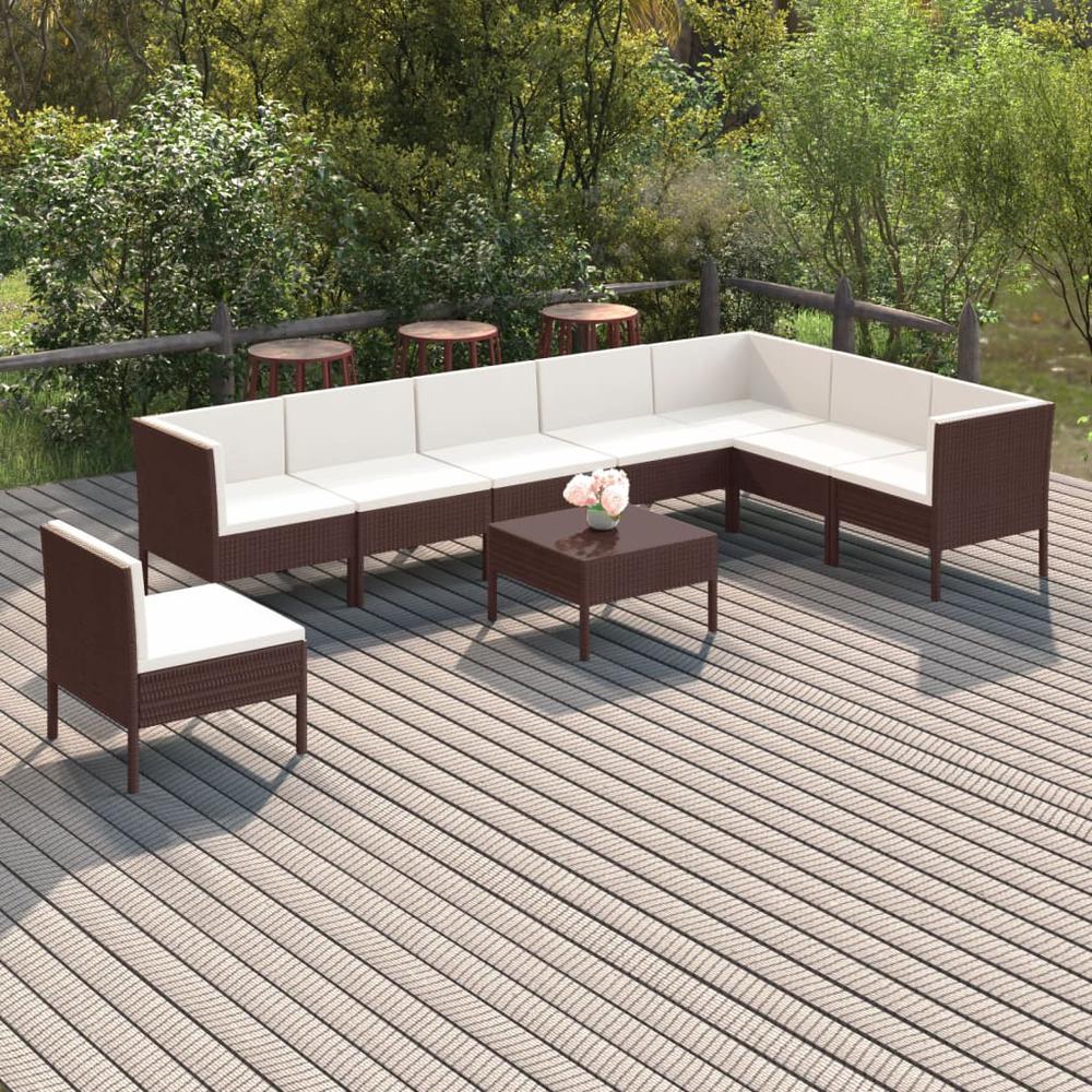 vidaXL 9 Piece Patio Lounge Set with Cushions Poly Rattan Brown, 3094443. Picture 1