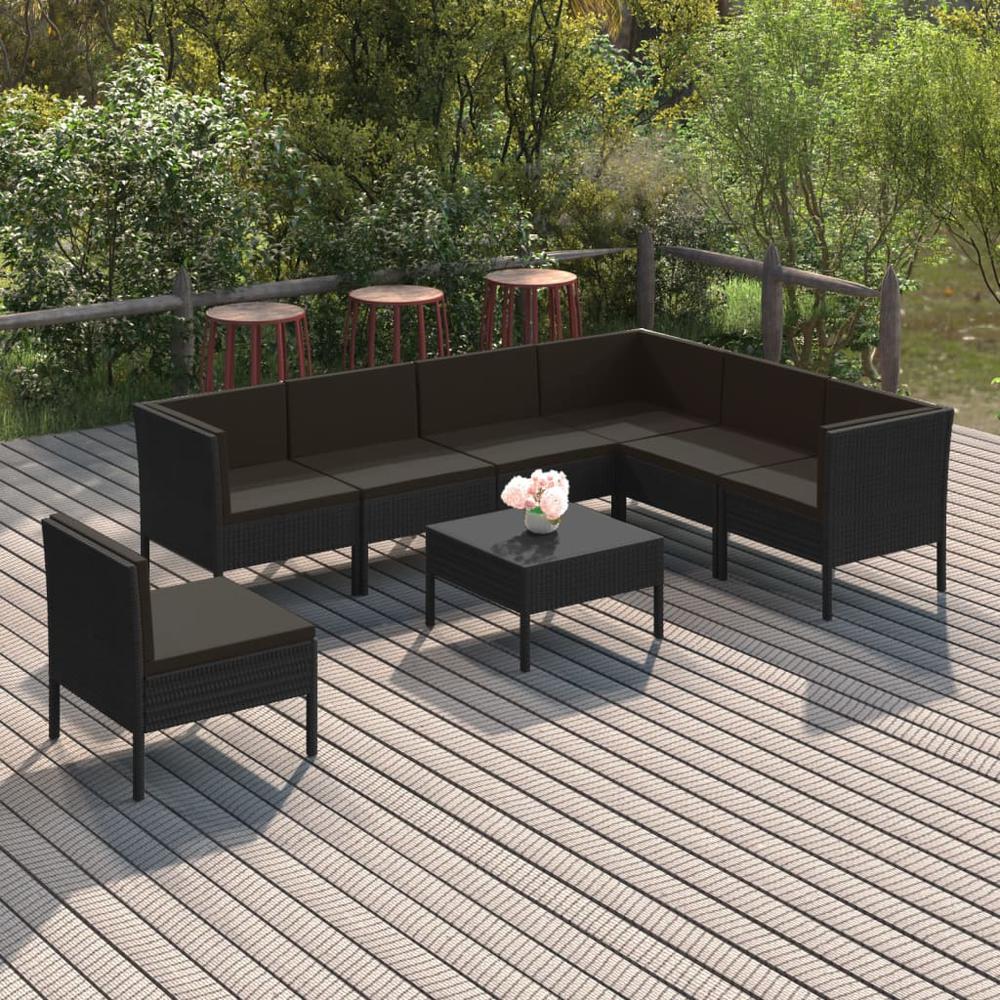 vidaXL 8 Piece Patio Lounge Set with Cushions Poly Rattan Black, 3094441. Picture 1
