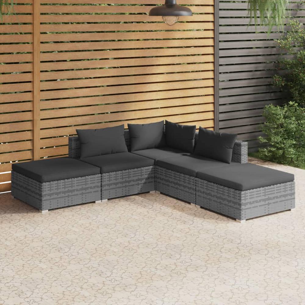 vidaXL 5 Piece Garden Lounge Set with Cushions Poly Rattan Gray, 3101613. Picture 1