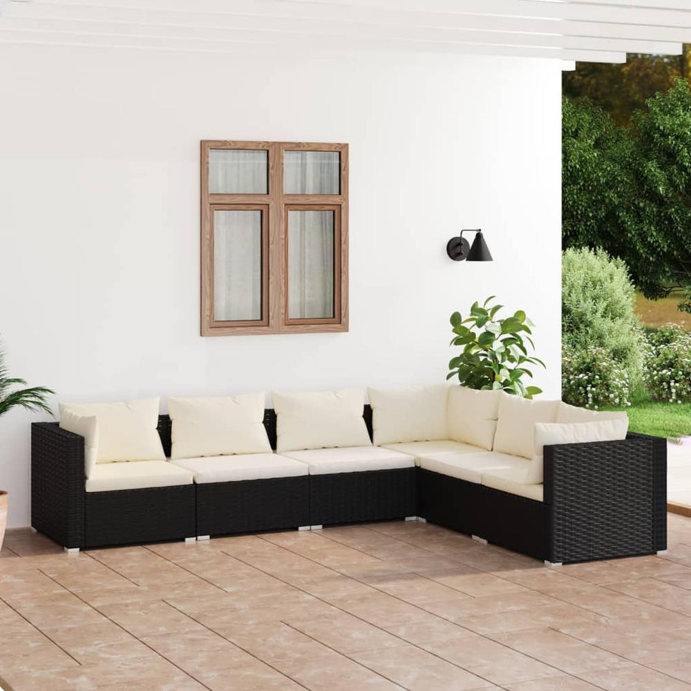 vidaXL 6 Piece Patio Lounge Set with Cushions Poly Rattan Black, 3101711. Picture 1