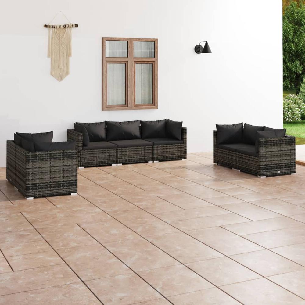 vidaXL 7 Piece Patio Lounge Set with Cushions Poly Rattan Gray, 3102269. Picture 1