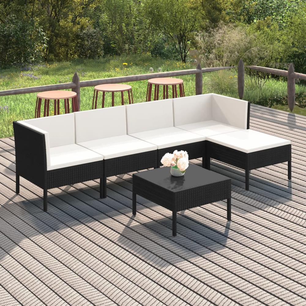 vidaXL 6 Piece Patio Lounge Set with Cushions Poly Rattan Black, 3094384. Picture 1