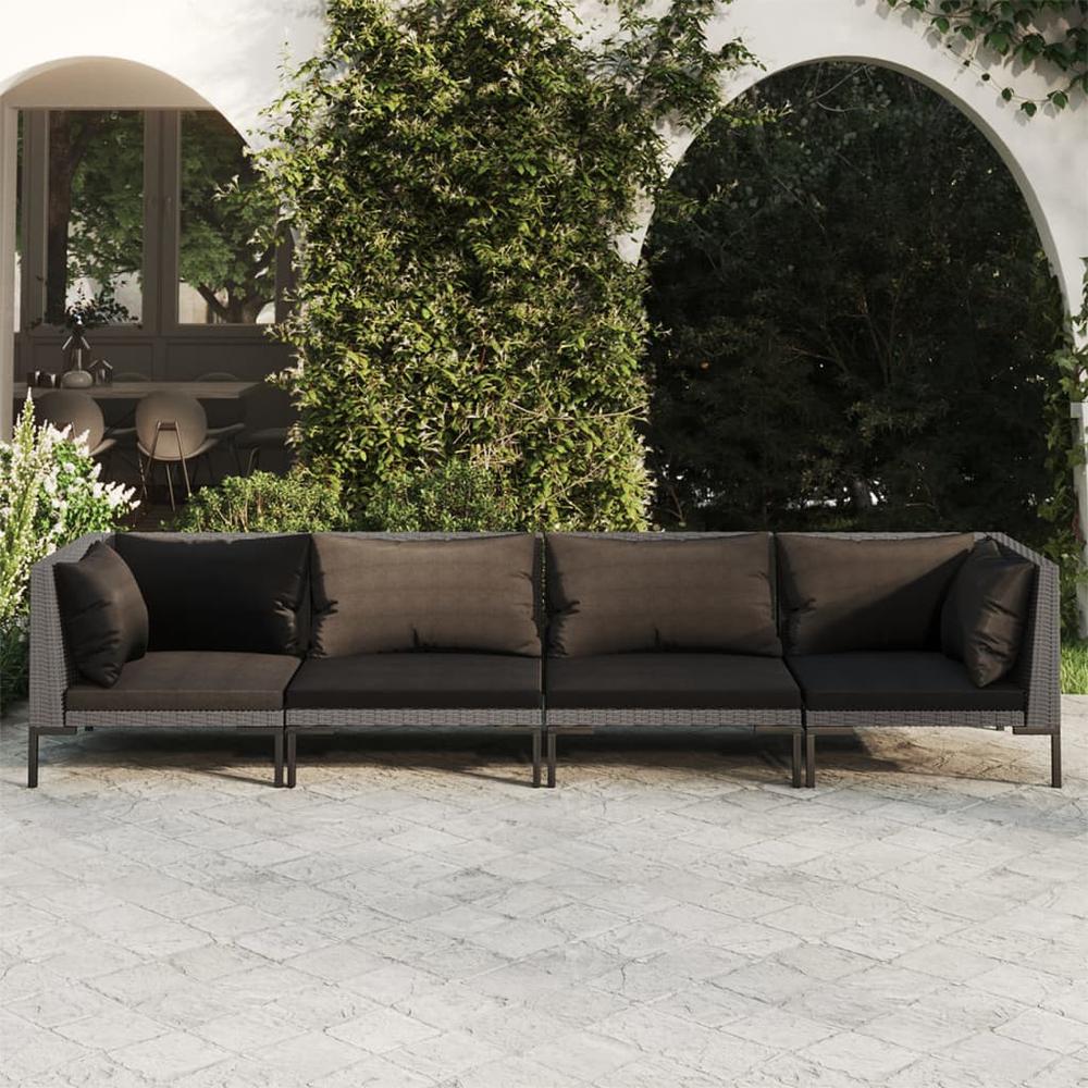 vidaXL 4 Piece Patio Lounge Set with Cushions Poly Rattan Dark Gray, 3099816. The main picture.
