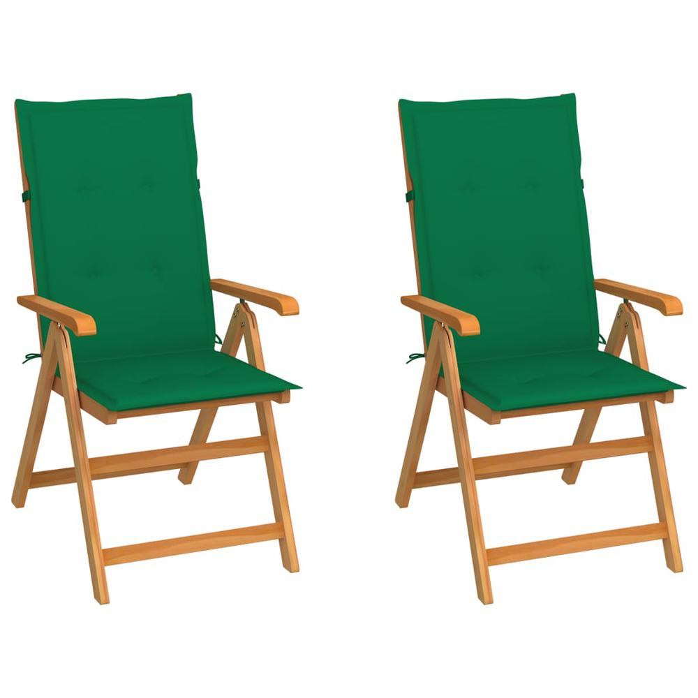 vidaXL Patio Chairs 2 pcs with Green Cushions Solid Teak Wood, 3062381. Picture 1