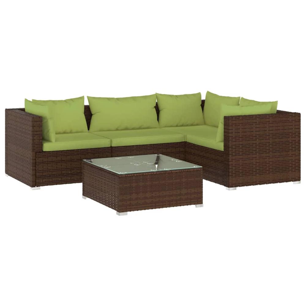 vidaXL 5 Piece Patio Lounge Set with Cushions Poly Rattan Brown, 3101684. Picture 2
