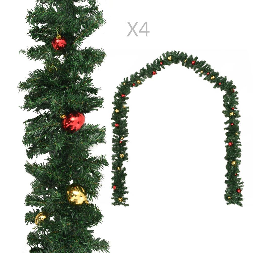 vidaXL Christmas Garlands 4 pcs with Baubles Green 106.2" PVC. Picture 1
