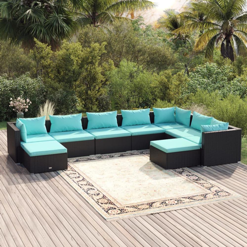 vidaXL 9 Piece Patio Lounge Set with Cushions Poly Rattan Black, 3102673. The main picture.