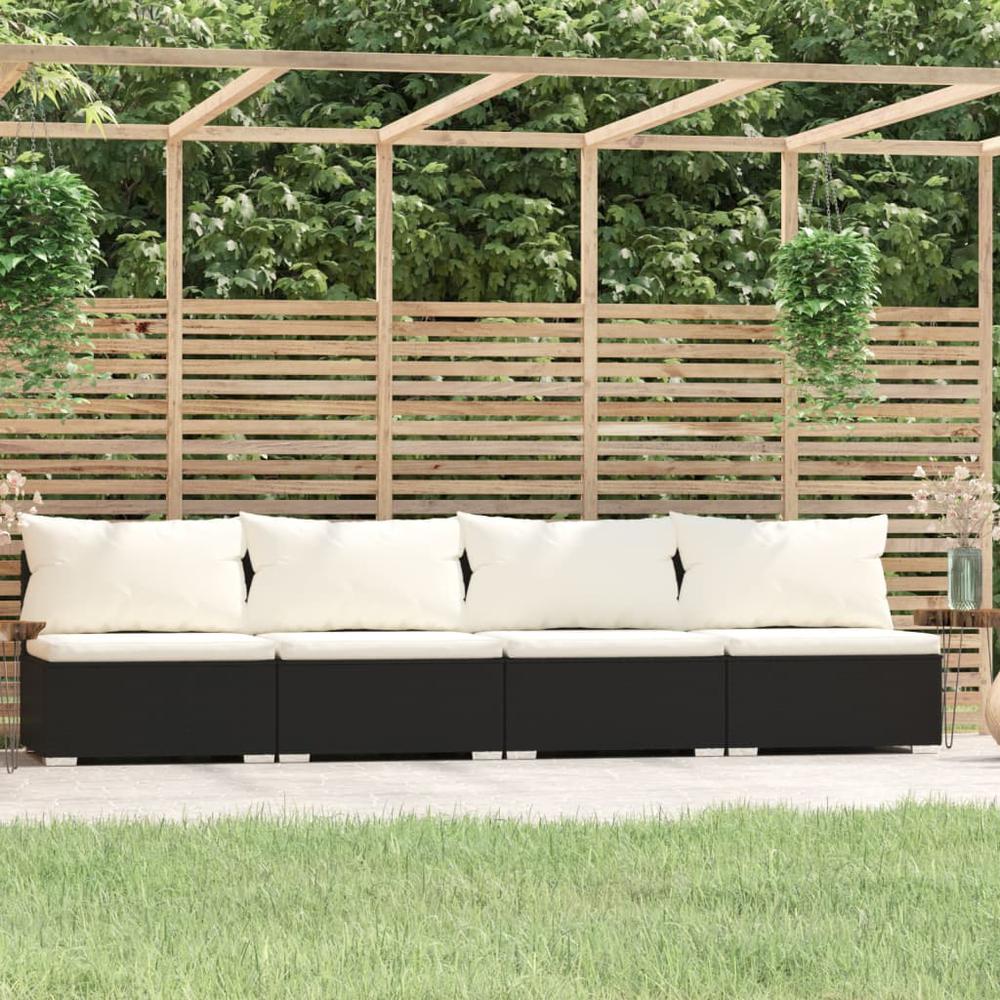 vidaXL 4-Seater Sofa with Cushions Black Poly Rattan, 317497. Picture 1